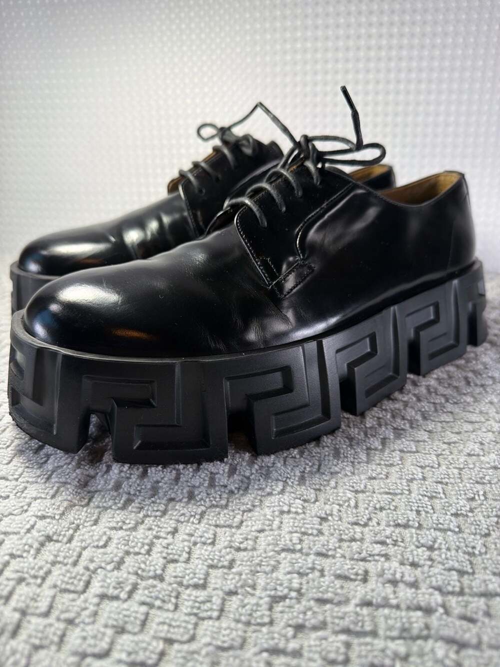 Versace Greca Labyrinth Leather Derby Platform Shoes